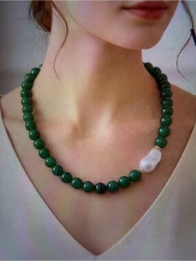 Green Verde Onyx Necklace with White Shell Pearl Accent